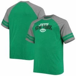 Fanatics Branded Men's Kelly Green/Heathered Gray New York Jets Big & Tall Throwback 2-Stripe Raglan T-Shirt