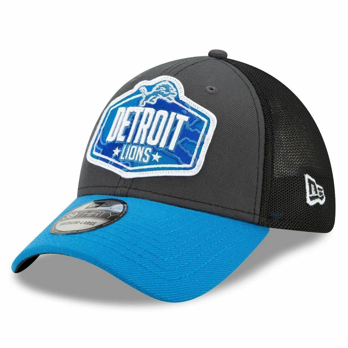 New Era Men's Graphite/Blue Detroit Lions 2021 NFL Draft Trucker 39THIRTY Flex Hat - Image 2
