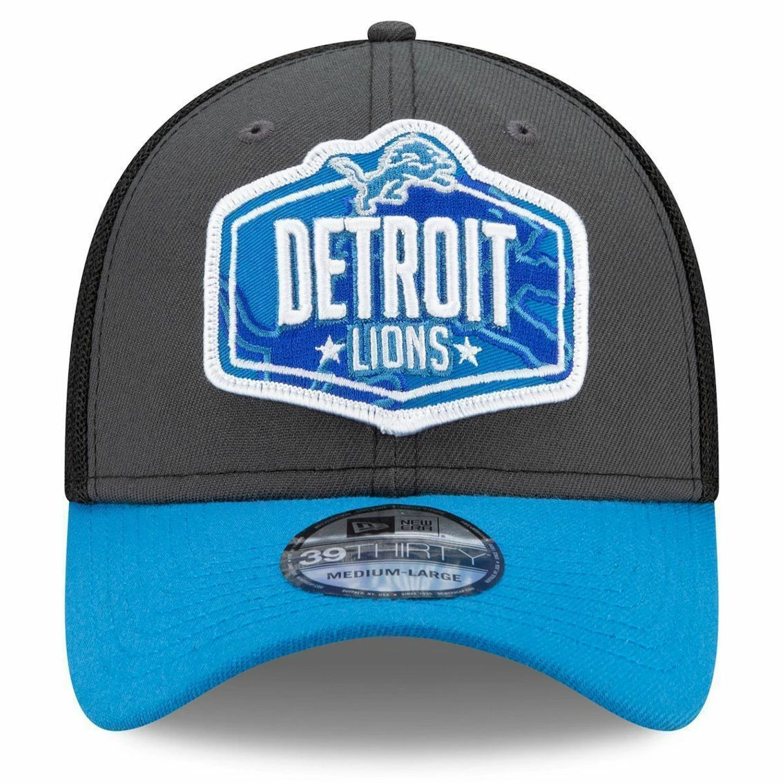 New Era Men's Graphite/Blue Detroit Lions 2021 NFL Draft Trucker 39THIRTY Flex Hat - Image 3