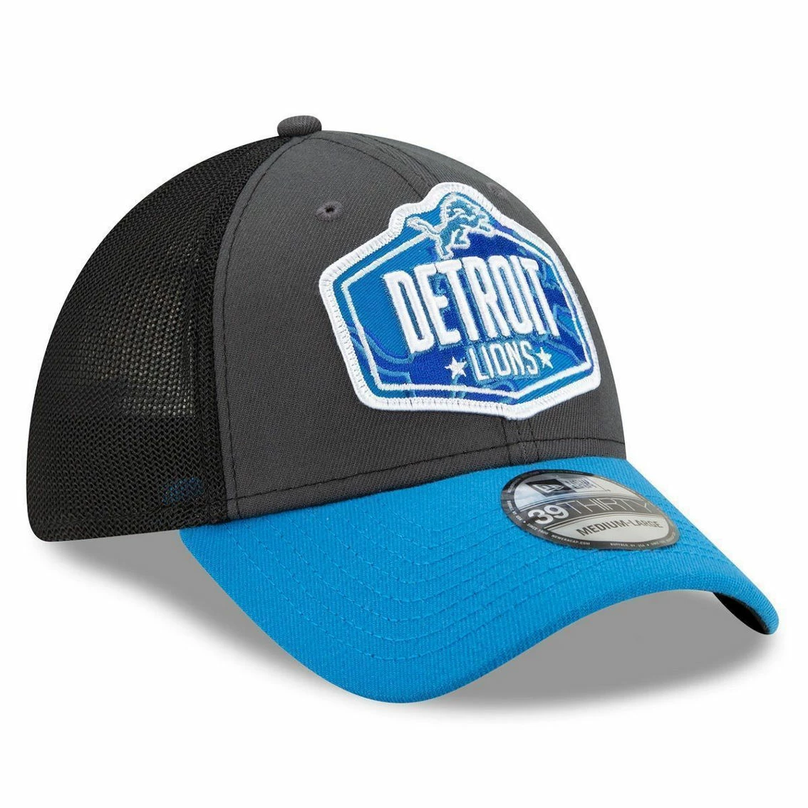 New Era Men's Graphite/Blue Detroit Lions 2021 NFL Draft Trucker 39THIRTY Flex Hat - Image 4