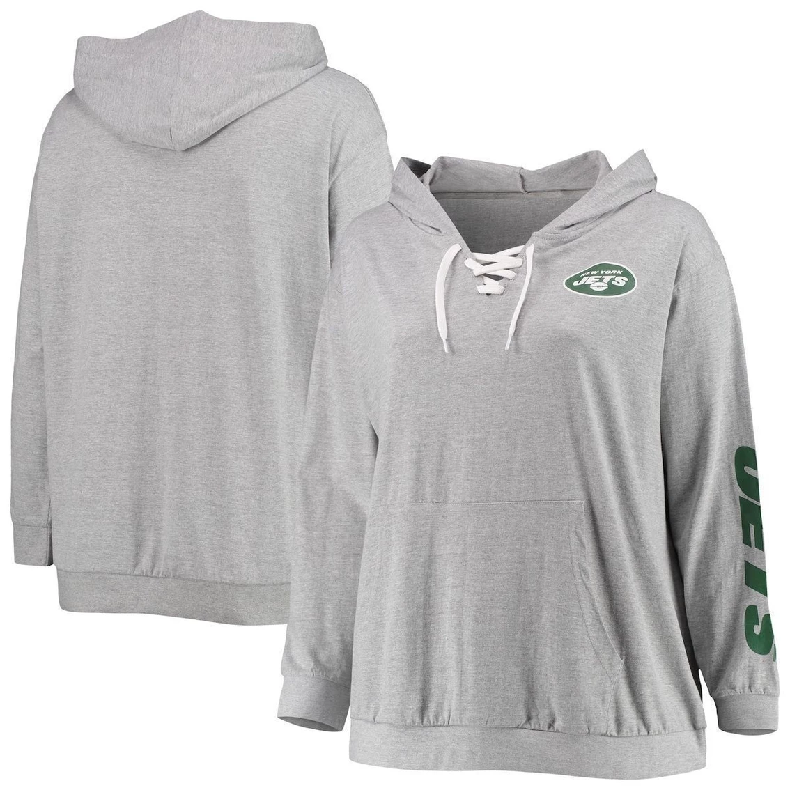 Fanatics Branded Women's Heathered Gray New York Jets Plus Size Lace-Up Pullover Hoodie