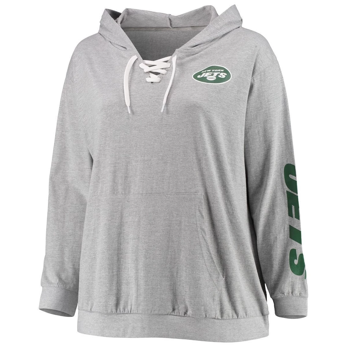 Fanatics Branded Women's Heathered Gray New York Jets Plus Size Lace-Up Pullover Hoodie - Image 3