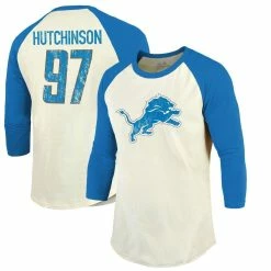 Majestic Threads Men's Threads Aidan Hutchinson Cream/Blue Detroit Lions Name & Number Raglan 3/4 Sleeve T-Shirt