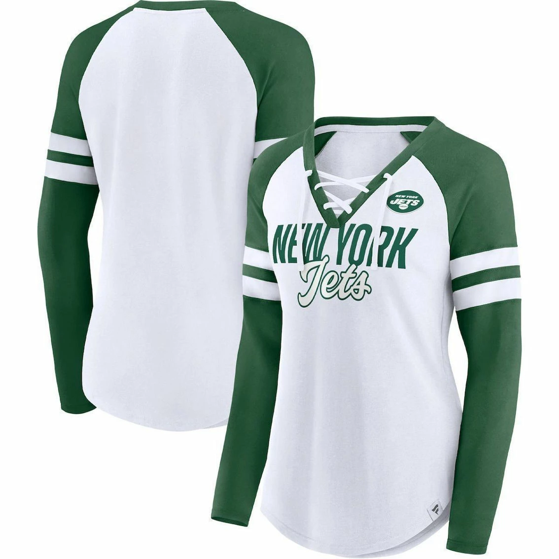Women's Fanatics Branded White/Green New York Jets True To Form Raglan Lace-Up V-Neck Long Sleeve T-Shirt - Image 2