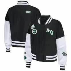 WEAR By Erin Andrews Women's Black/White New York Jets Full-Zip Varsity Jacket