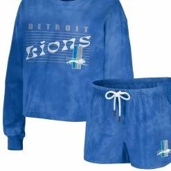 WEAR By Erin Andrews Women's Blue Detroit Lions Tie-Dye Cropped Pullover Sweatshirt & Shorts Lounge Set
