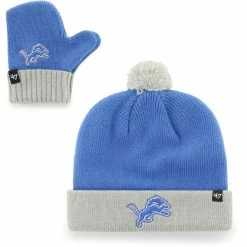 '47 Toddler Blue/Silver Detroit Lions Bam Bam Cuffed Knit Hat With Pom And Mittens Set