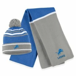 Women's WEAR By Erin Andrews Blue Detroit Lions Colorblock Cuffed Knit Hat With Pom And Scarf Set