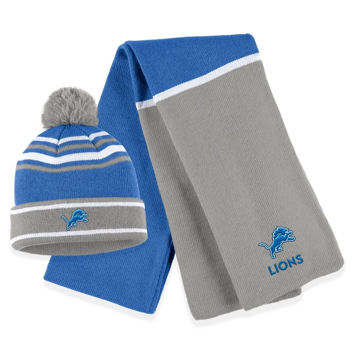 Women's WEAR By Erin Andrews Blue Detroit Lions Colorblock Cuffed Knit Hat With Pom And Scarf Set