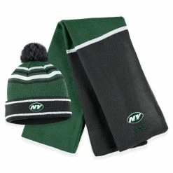 WEAR By Erin Andrews Women's Green New York Jets Colorblock Cuffed Knit Hat With Pom And Scarf Set
