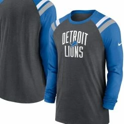 Nike Men's Heathered Charcoal/Blue Detroit Lions Tri-Blend Raglan Athletic Long Sleeve Fashion T-Shirt